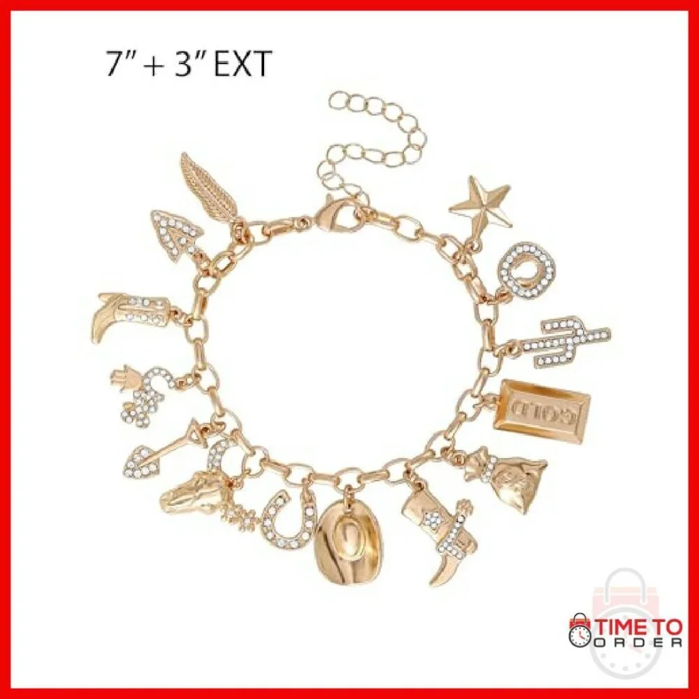 Gold Tone Charm Bracelet 14 Western Charms Adjustable 7+3 Inch